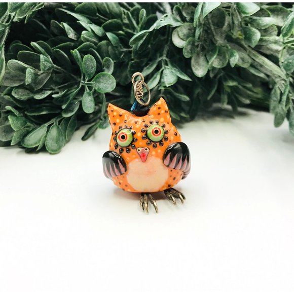 Pendant glass owl movable feet orange brown with dots - Picture 6 of 6